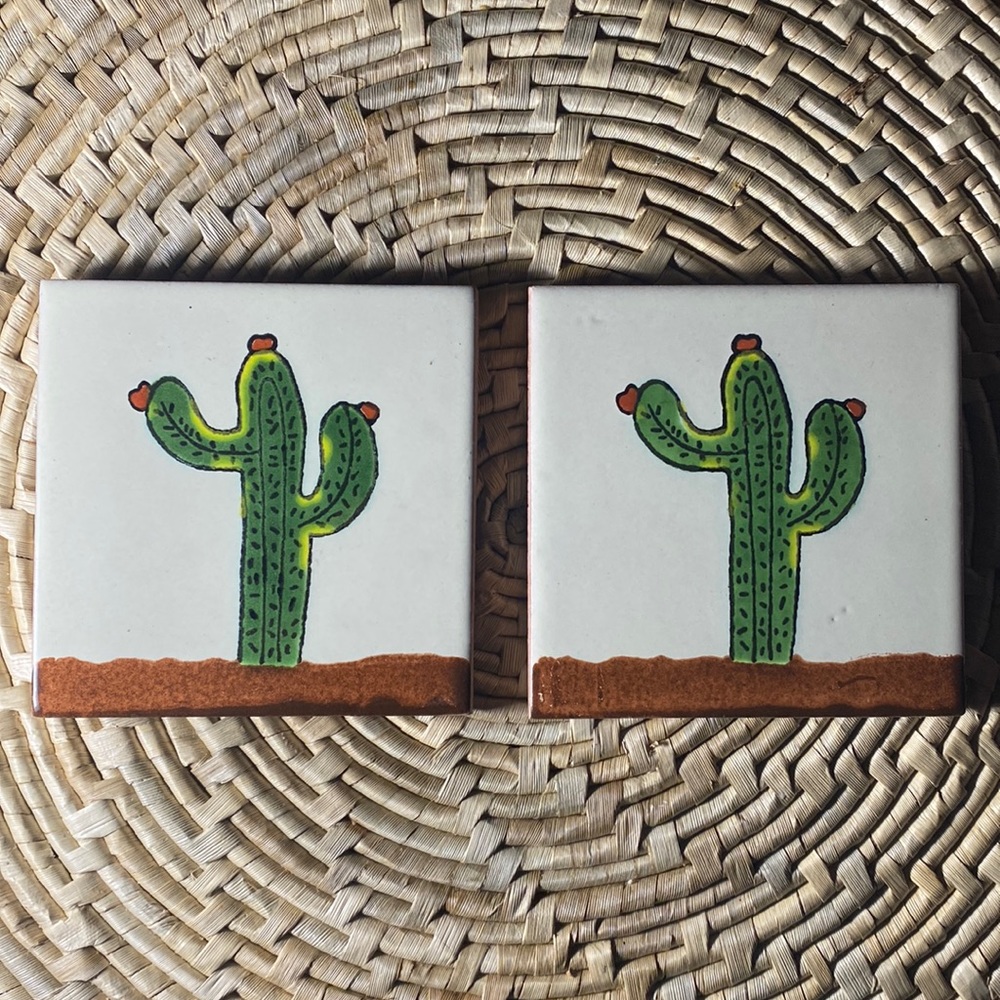 Cactus Hand Painted Set of 2 Talavera Pottery Tile Coasters